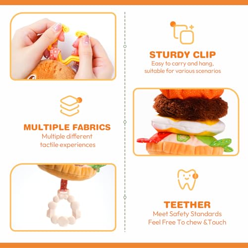 Image of Jollybaby Baby Musical Pull String Hanging Toys for Stroller Car Seat Crib Play Gym, Plush Stuffed Hamburg Bear Toy for Carseat with Music Teether Crinkle, Sensory Toy for 0-6-12-18 Months Baby Gifts