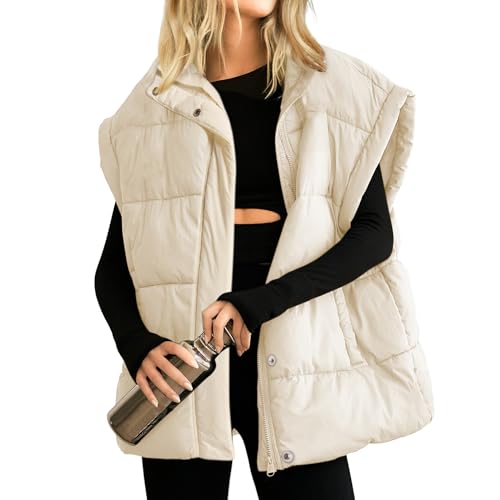 Songling Womens Oversized Puffer Vest Stand Collar Full Zip Sleeveless Bubble Puffer Vest Quilted Padded Warm Coat Outwear cover