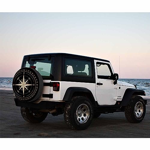Image of Compass Rose Spare Tire Cover Wind Marine Star Black Nautical Earth World Adventure Ship Weatherproof Universal Wheel Protectors Camper Tire Covers for Trailer Rv Travel(17 inch)