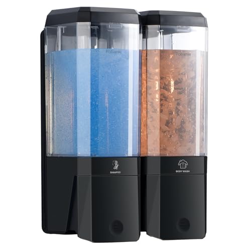 Shampoo and Conditioner Dispenser Wall Mounted, Shower Soap Dispenser No Drill Upadate Easy Slot Install, Shampoo Dispenser for Shower Bathroom Large Capacity 500ml * 2 Chamber Holder Black