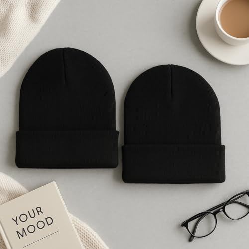 Kit com 2 Gorros de Lã Preto Inverno Unissex - Touca Lisa Preta Térmica Proteção Frio Cabeça