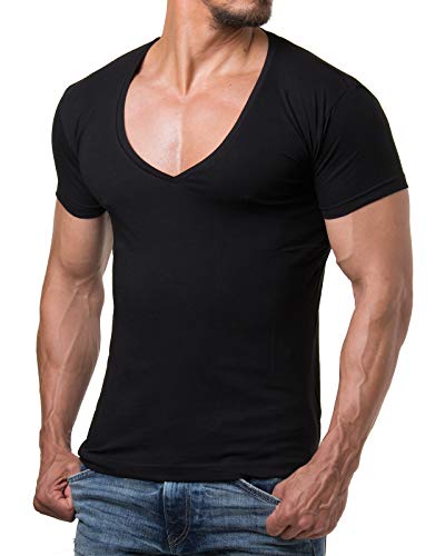 Re Rock - 12 Colores Camisetas Hombre Manga Corta con Cuello En V Ajustada - Deep V-Nech Slim Fit T-Shirt - Negro en S