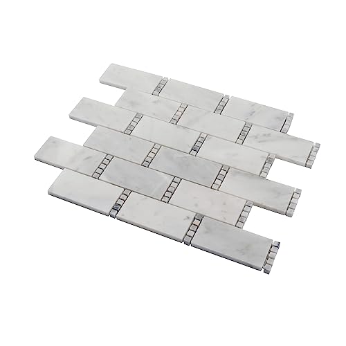White Subway with Dot Bianco Carrara, Bardiglio Nuvolato Marble Mosaic Tile (5.28 Sq ft- Box of 5 Sheets) - Thumbnail 6