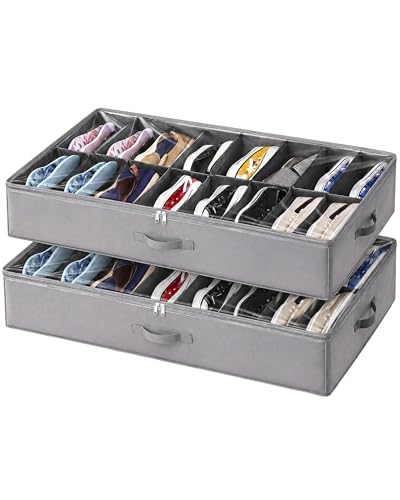 unycos - Juego de 2 Organizadores de Zapatos Debajo de la Cama【16 pares】 Cajas de Almacenaje de Tela no Tejida, Plegables con Tapa Transparente de PVC y 3 Asas