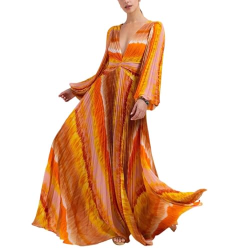 HFYRBDKSPI Damski kostium kąpielowy z długim rękawem Flowy Maxi Print Jednoczęściowy strój kąpielowy z zestawem spódnic Beach Cover Up,Orange,L