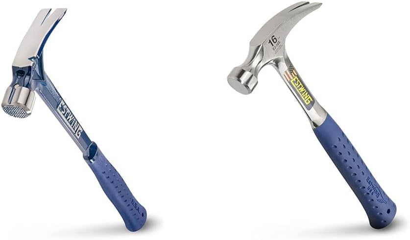 ESTWING Ultra Series Hammer - 19 oz Rip Claw Framer with Milled Face & Shock Reduction Grip - E6-19SM & Hammer - 16 oz Straight Rip Claw with Smooth Face & Shock Reduction Grip - E3-16S