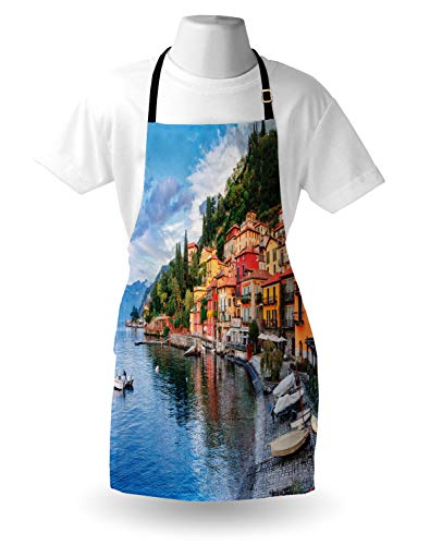 Ambesonne Italian Apron, Summer Village By The Mediterranean Sea With Yacht Boats Idyllic Town Panorama, Unisex Kitchen Bib With Adjustable Neck For Cooking Gardening, Adult Size, Brown White #TOP2