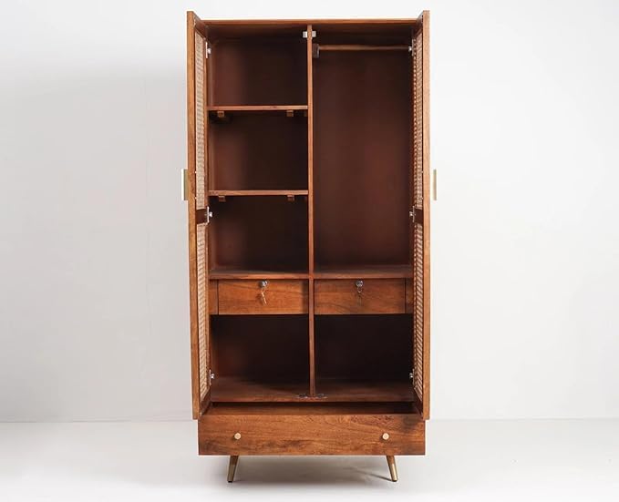 Image of Solid Wood Brown Finish Cane Wardrobe with Rattan Doors & Drawers | Almirah for Living Room, Dining Room, Bed Room & Guest Room| (H-Hony)