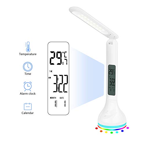 Preisvergleich Produktbild LED Schreibtischlampe, LED Dimmbare Nachttischlampe mit Stimmungslicht / Uhrzeit / Kalender / Thermometer / Wecken-Funktion / USB-Ladeanschluss, Touch Nachttischlampe mit 3 Helligkeitsstufen dimmbar