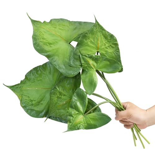 DuHouse Artificial Tropical Leaves with Long Stem–6 Pcs Real Touch Elephant Ear Taro Leaf Stems Faux Palm Monstera Greenery for Home Decor, Centerpiece, Wedding,Party Arrangement