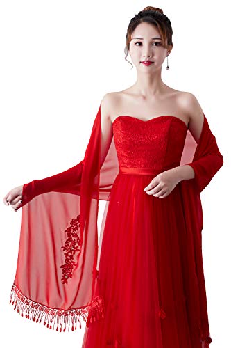 YAOMEI Mujer Bufanda Chales Estolas, Gasa BordadoMant�n Estolas Fulares Bufanda Pa�uelo bodas nupcial bridemaids Ropa de noche partido (Un tama�o: 86.6 * 19.7 pulgadas (220cm * 50cm), Rojo)