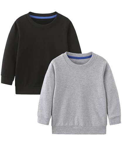 Image of GFQLONG Toddler Boys 2 Pack Cotton Crewneck Sweatshirt, Baby Solid Long Sleeve Pullover Tops