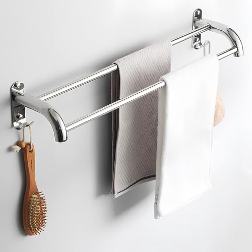 Byfoyif Curved Toalleros de Baño Sin Taladro, de Acero Inoxidable con Doble Barras y 2 Ganchos Dobles, Toallero Pared Baño Extensible, 2 Métodos de instalación, para Baño y Cocina