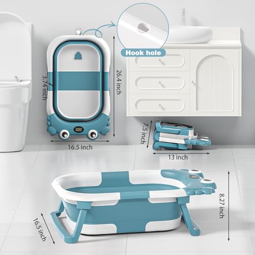 Image of Collapsible Baby Bathtub for Newborns with Thermometer and Soft Floating Cushion Portable and Foldable Travel Baby Girl Bath Tub for Infants to Toddler 0-36 Month (Blue)
