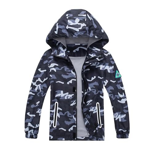 mumrap Casacos impermeáveis para meninos com capuz, impermeável leve para meninos e meninas, casaco corta-vento para meninos, Camuflado preto