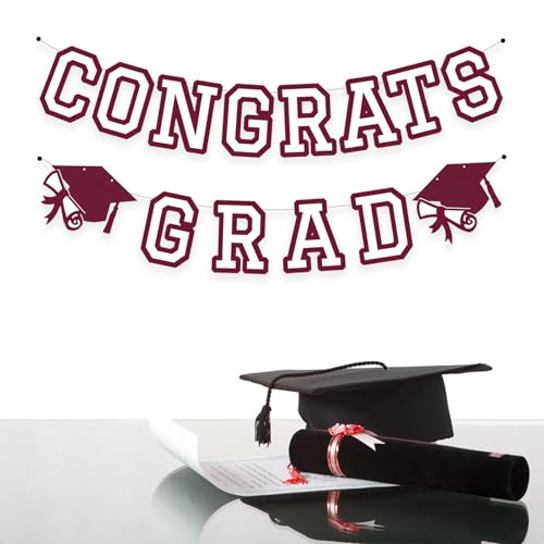 Image of Congrats Grad Banner Graduation Party Banner Decoration Hanging Garland High School College Backdrop Supplies Maroon White