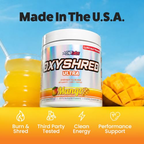 Image of EHP Labs OxyShred Pre Workout Powder - Preworkout Powder with L Glutamine & Acetyl L Carnitine, Energy Boost Drink - Mango, 60 Servings