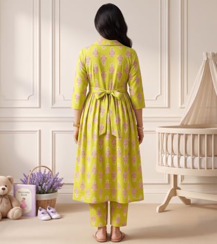 Image of DUMMY SHAPE Maternity Dresses for Women Cotton | Floral Kurta Pant Dupatta Set with Nursing Zippers, Side Pocket | Pre & Post Pregnancy | Feeding Kurti Suit | Baby Shower | Gifts for Pregnant Woman