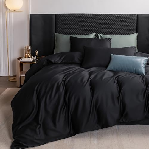 MooMee Duvet Cover Set, 100% Extra Long Staple Cotton 600 Thread Count Sateen Smooth Luxury Breathable Hotel Quality Cooling Bedding for All Season, 3 Pieces (Black, Queen 90"x90")