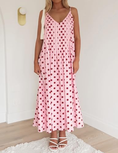 Image of Anoumcy Summer Pleated Maxi Dresses for Women 2026 Spaghetti Strap V Neck Vacation Beach Long Flowy Boho Sundress