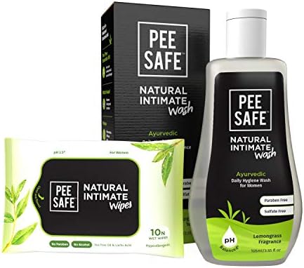Pee Safe Intimate Wash For Women Natural Ayurvedic with Lemongrass Fragnance and 100% Alcohol-Free - 105ml and Natural Intimate Wipes (Pack of 10 Wipes)
