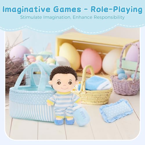 MaoGoLan 6Pcs Blue Baby Doll Set, 11\'\' Baby Doll Accessories, Soft Plush Doll with Portable Bassinet, Blanket, Bottle & Clothes, Pretend Play Set, Ideal Valentine Christmas Birthday Gift for Boys - Thumbnail 4