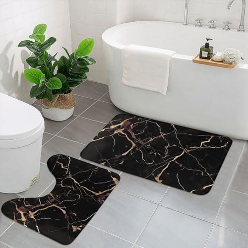 Tapis de bain marbre noir et or microfibres douces élégance - 2