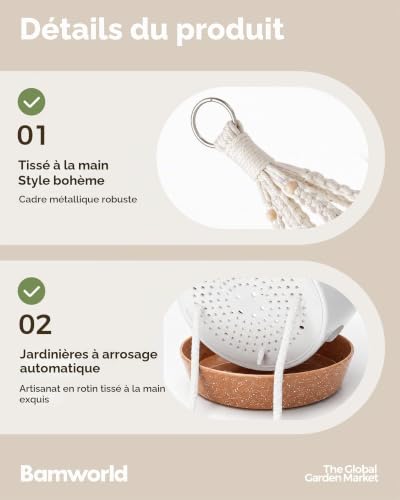 Suspension macramé artisanale Bamworld avec support décoratif blanc haut de gamme - 4
