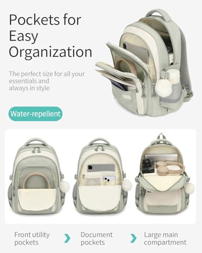 Image of School Backpack for Teen Girls, Large Capacity Laptop Bag for High School Middle School Elementary, Aesthetic Bookbag College Women, Beige Green