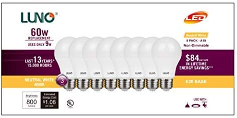 LUNO A19 Non-Dimmable LED Bulb, 9.0W (60W Equivalent), 800 Lumens, 4000K (Neutral White), Medium Base (E26), UL Certified (8-Pack) image 3