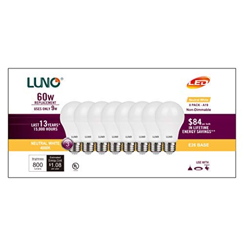 Luno A19 Non-Dimmable Led Bulb, 9.0W (60W Equivalent), 800 Lumens, 4000K (Neutral White), Medium Base (E26), Ul Certified (8-Pack) #TOP1