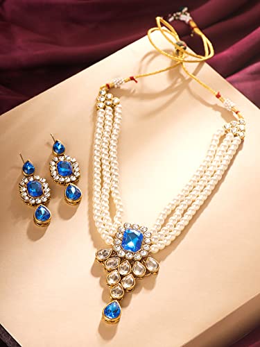 Image of Yellow Chimes Jewellery Set for Women and Girls White Beads Necklace Set for Women | Gold Tone Blue Crystal Choker Necklace Set | Birthday Gift for girls & women Anniversary Gift for Wife