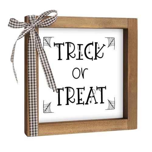 flangairy Trick or Treat Sign, 6 Inch Wooden Halloween Table Top Centerpiece Decor, Indoor Decorative Signage Wall Art Shelf Mantel Desk Tabletop Tiered Tray Rustic Farmhouse Decorations for Home