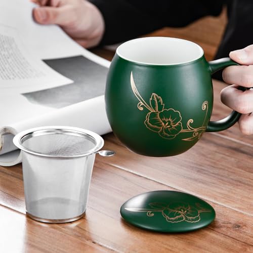 Image of Yundu 12 OZ Ceramic Mug with Lid & Tea Strainer - Matte Green Tea Cup with Golden Flower, Stainless Steel Infuser for Loose Leaf Tea