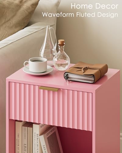 Image of Masupu Fluted Nightstand, Modern Night Stand Wood Bedside Table with Storage Drawer Side End Table for Bedroom, Office, Pink