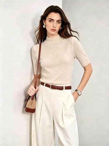 Image of Women Mock Neck Short Sleeve Knit Top All-Season Light Sweater