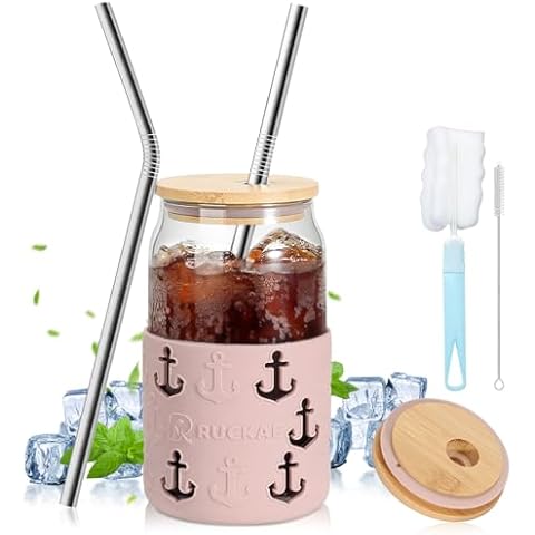Ruckae Glass Cups With Lids and Straws, 16oz Glass Iced Coffee Cups with lids for Iced Coffee, Water, Smoothie Cover