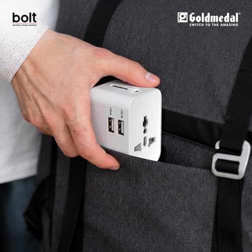 Image of Goldmedal Bolt Universal Travel Adaptor | 2 Type-A USB Ports for Quick Charging | Supports Variety of Plug Types| Perfect for International Travel - White | Supports Variety of Plug Types| Perfect for International Travel - White