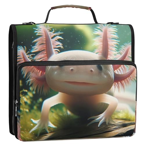ファスナー付きバインダーオーガナイザー かわいいAxolotl Fish Funny 1 1/2インチ バインダー 3リング 楽しいバインダー ショルダーストラップ付き 学校収納用 ポートフォリオケース ハンドル付き