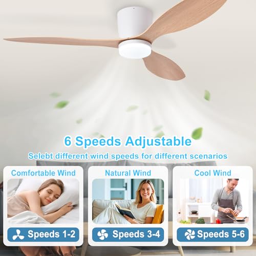 Image of Depuley Flush Mount Ceiling Fan: 52-Inch White Ceiling Fans with Lights for Bedroom Indoor Outdoor - Low Profile Ceiling Fans with Remote Control 24W 3CCT Dimmable 3 Reversible Wood Blades 6 Speeds