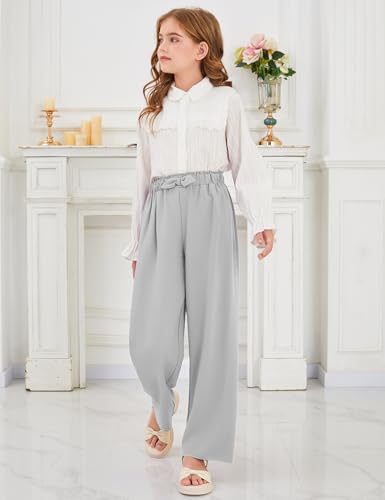 Image of Girls Wide Leg Palazzo Pant Loose Straight Cute Bow Waist Spring Summer Lightweight Dress Pant for Kids 5-14Y