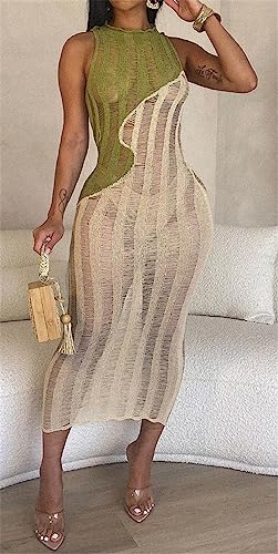 Recious Womens Sexy Sleeveless O Neck Knitted Colorblock Bodycon Party Clubwear Beach Cover Up Dress3