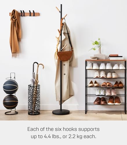 Yamazaki Home Plain Freestanding Coat Hanger Rack With Wooden Hooks, Space Saving, 70" - Steel
