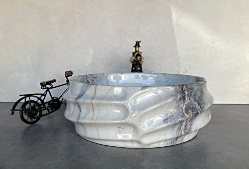 Image of Designer Glossy Finish Ceramic Art Table Top Wash Basin For Bathroom | Collapsible Countertop Washbasin (Black White Glossy Art, 16 x 13 x 6 Inch)