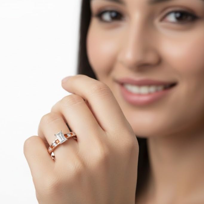 Image of 55Carat Choose Your Gemstone Diamond CZ Graduated Accent Ring Rose Gold Plated Emerald Shape Petite Engagement Rings Everyday Jewelry Wedding Jewelry Handmade Gifts for Wife US Size 4 to 12