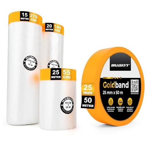 HASKYY 60M Abdeckfolie mit Klebeband 55cm + 140cm + 270cm mit Goldband 25mmx50M - 82QM Maler-Abdeck-Band-Folie - 4er Set Perfekt für Innen - Selbstklebende-Lackierer-Folie mit Abklebe-Band - UV-Schutz