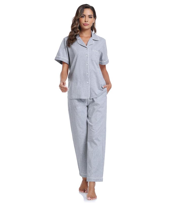 Image of CF Womens 100% Cotton Pajamas Set Button Down Pjs Sets Short Sleeve Top & Long Pants Sleepwear Comfy Loungewear with Pockets