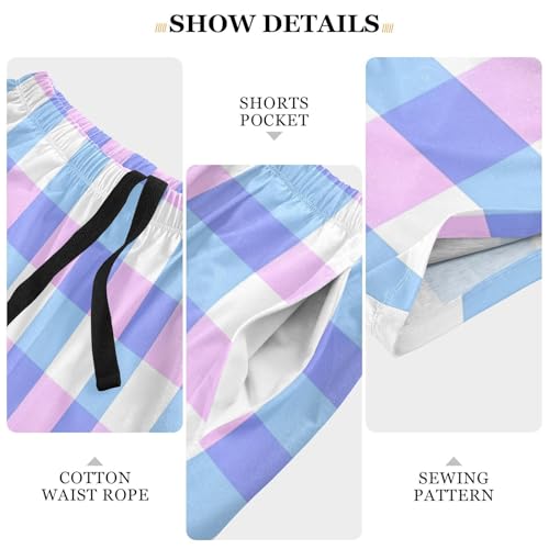 Men's Pajama Shorts, Pastel Blue Pink Plaid Pattern Sleep Pants for Men, Sleepwear Pajama Bottoms Lounge4