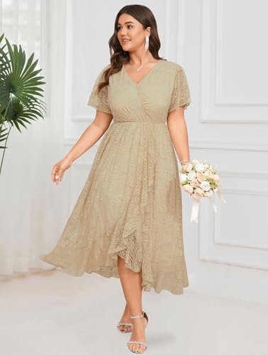 Image of SCOMCHIC Womens Plus Size Wedding Guest Dress Formal Lace Wrap V Neck High Low Short Sleeve Cocktail Maxi Dresses XL-4XL