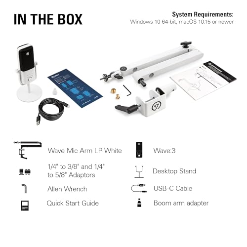 Elgato Wave:3 White with Mic Arm Low Profile, Fully Adjustable with Cable Management Channel, perfect for Podcast, Streaming, Gaming, Home Office, Free Mixer Software, Plug & Play for Mac, PC